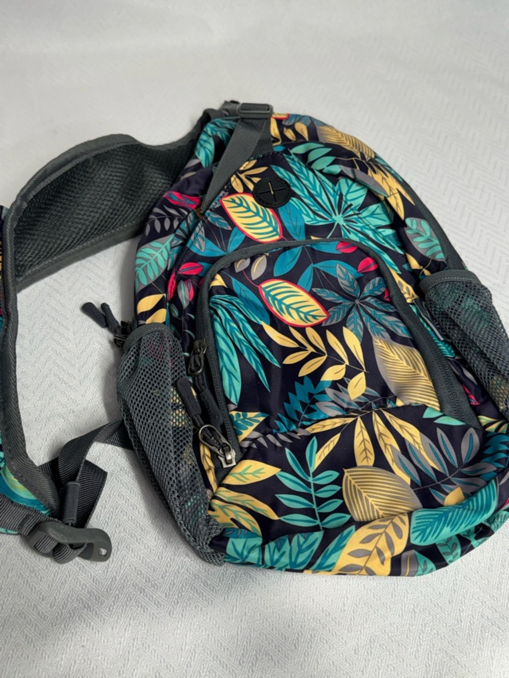 G4free. Tropical Leaf Print Crossbody Sling Bag - Black/Teal/Gold